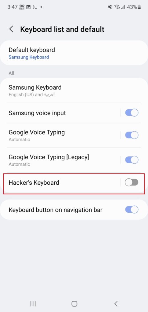 تفعيل خيار Hacker's keyboard