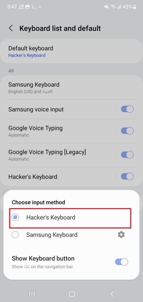 اضغط على خيار Hacker's Keyboard